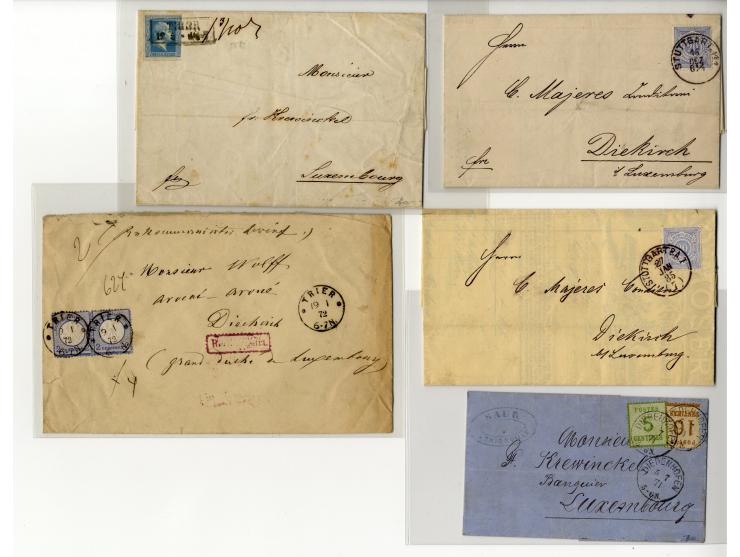 1850/1900 (ca.), über 60 Briefe, Karten und Ganzsachen, alle nach Luxemburg, dabei viele interessante Stücke, u.a. Baden, Pre