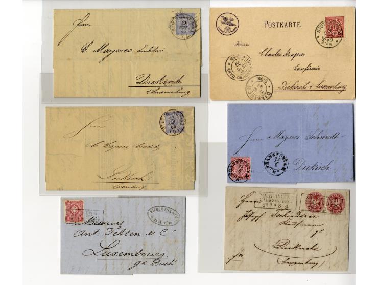 1850/1900 (ca.), über 60 Briefe, Karten und Ganzsachen, alle nach Luxemburg, dabei viele interessante Stücke, u.a. Baden, Pre