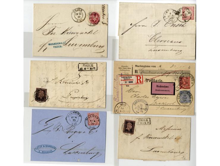 1850/1900 (ca.), über 60 Briefe, Karten und Ganzsachen, alle nach Luxemburg, dabei viele interessante Stücke, u.a. Baden, Pre