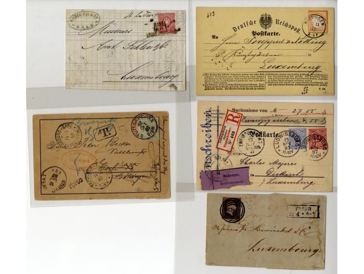 1850/1900 (ca.), über 60 Briefe, Karten und Ganzsachen, alle nach Luxemburg, dabei viele interessante Stücke, u.a. Baden, Pre