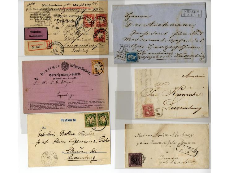 1850/1900 (ca.), über 60 Briefe, Karten und Ganzsachen, alle nach Luxemburg, dabei viele interessante Stücke, u.a. Baden, Pre