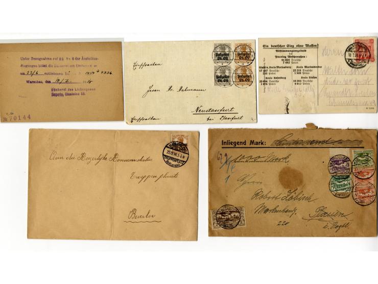 1914/22, Partie Besetzung I. WK und Abstimmungsgebiete mit fast 50 Briefen, Karten und Ganzsachen, dabei viel Bedarfspost mit