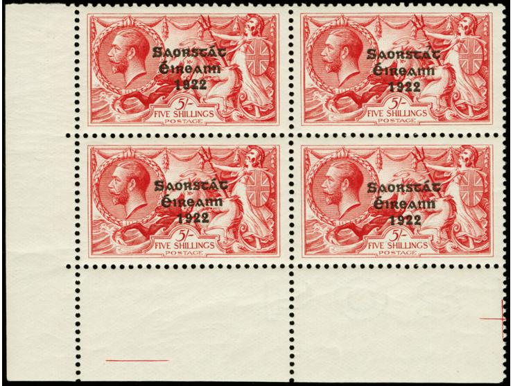 1927/28, 5 s. as block of four from the lower left sheet corner, upper right stamp with "circumflex accent", upper left stamp