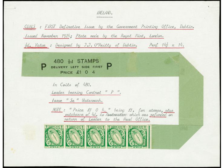1924, ½ d. Sword of hight, horizontal strip of 5 attached to Leader P, (480 stamps, £ 1.0.4.), folded and mounted for display