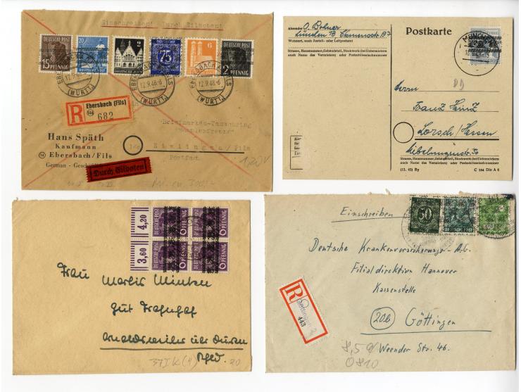 1948, interessante Partie von über 30 Briefen und Karten mit Band- und Netzaufdruckfrankaturen, dabei bessere Frankaturen sow