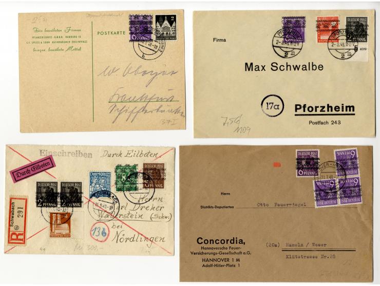 1948, interessante Partie von über 30 Briefen und Karten mit Band- und Netzaufdruckfrankaturen, dabei bessere Frankaturen sow