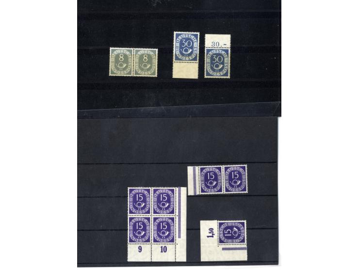 1951, Posthorn, postfrische Partie ex 2-30 Pfg., dabei waagerechte Paare, 4er-Blocks, Randstücke, Druckerzeichen etc. (Mi.-Nr