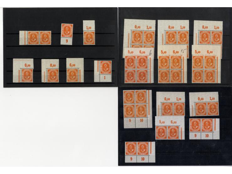 1951, Posthorn, postfrische Partie ex 2-30 Pfg., dabei waagerechte Paare, 4er-Blocks, Randstücke, Druckerzeichen etc. (Mi.-Nr