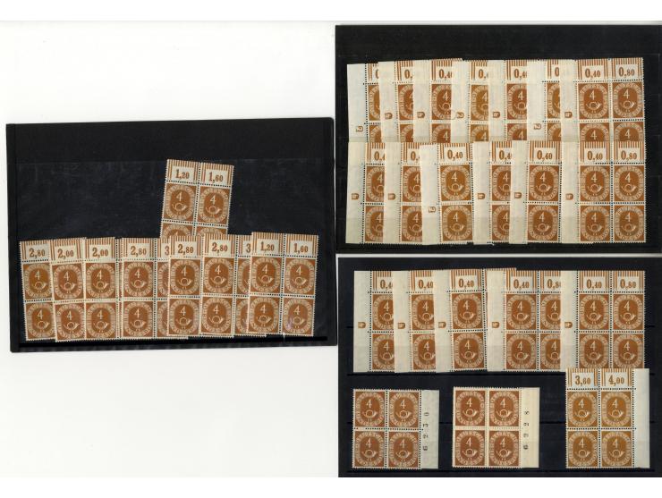1951, Posthorn, postfrische Partie ex 2-30 Pfg., dabei waagerechte Paare, 4er-Blocks, Randstücke, Druckerzeichen etc. (Mi.-Nr
