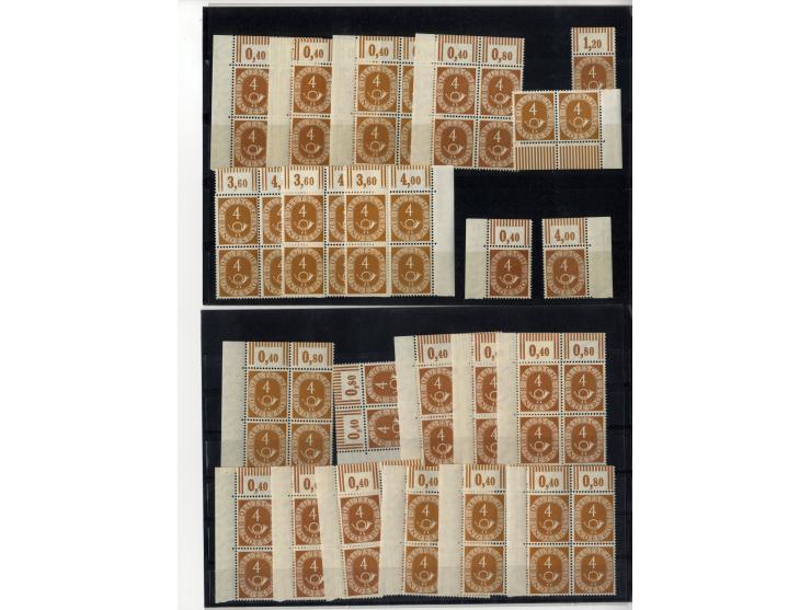 1951, Posthorn, postfrische Partie ex 2-30 Pfg., dabei waagerechte Paare, 4er-Blocks, Randstücke, Druckerzeichen etc. (Mi.-Nr