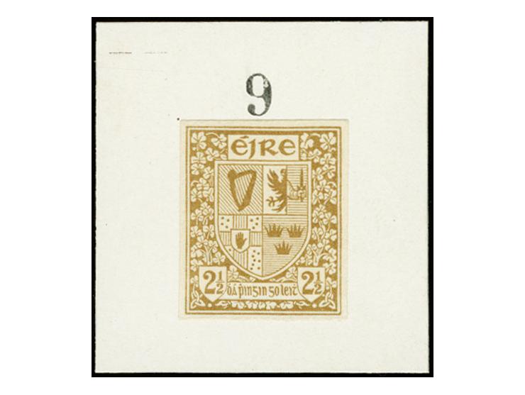 1922, Definitive 2½d. imperforated colour proof in ochre, unused and mounted on chalk paper (40X40mm) with stamped number "9"