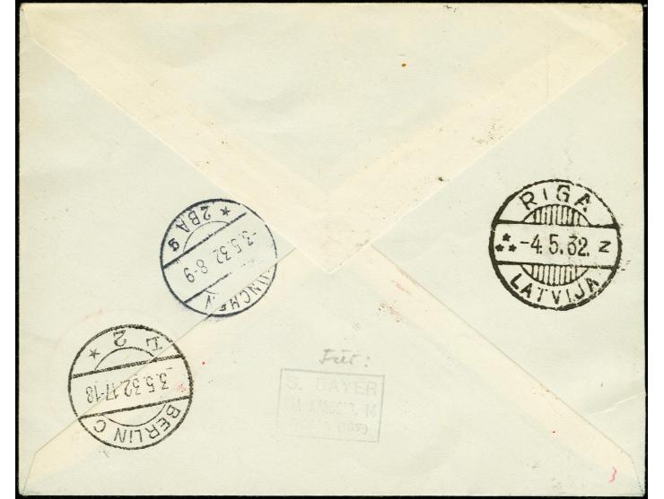 FIRST FLIGHT VENECIA-BERLIN-RIGA: 1932, cover with italien franking tied by cds. to cover with transit and arrival marks on f