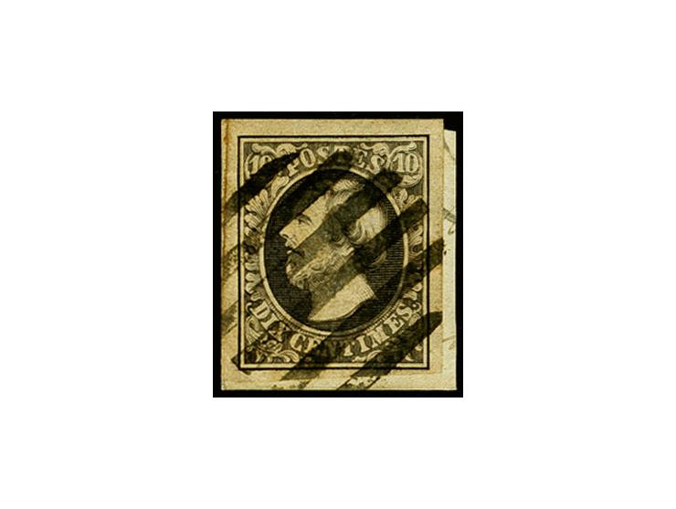10 c. grey-black, good to mostly wide margins, tied by clear circle of 6 bars to small piece, very fine, certificate Demuth B