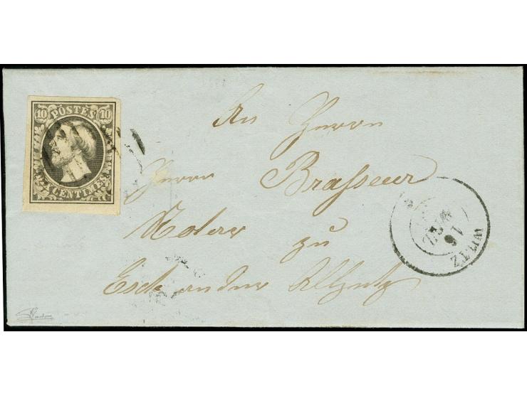 10 c. grey-black with wide margins, showing small sheet margin at bottom, tied by rural square of 9 bars to small entire lett
