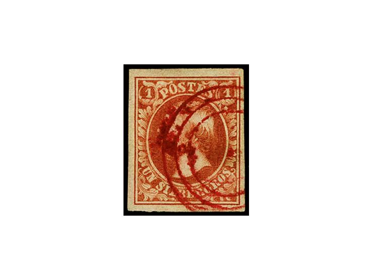 1 sgr. brown-red, good to large margins, cancelled with large part of Luxemburg target cancel in red; extremely rare, only fe