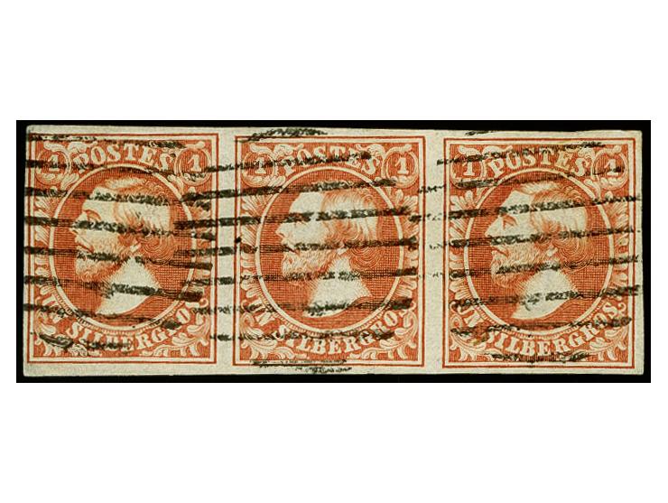 1 sgr. brown-red, horizontal strip of 3 with good to wide margins, neatly cancelled by circle of 9 bars of Luxemburg, very fi
