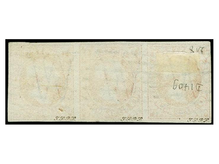 1 sgr. brown-red, horizontal strip of 3 with good to wide margins, neatly cancelled by circle of 9 bars of Luxemburg, very fi