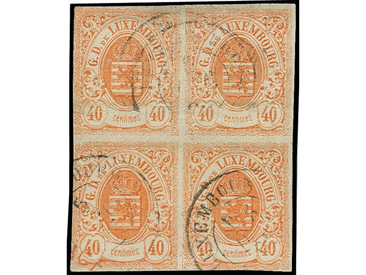 40 c. orange in block of 4, the lower pair slightly toched, otherwise good margins and fresh colour, used by Luxembourg cds.,