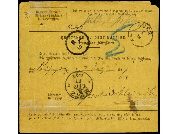 1882, Allégorie 1 fr., 50 c., 5 c. and 1 c. tied by cds. "LUXEMBOURG-VILLE 5 12 87" to insured parcel card to Leipzig with ar