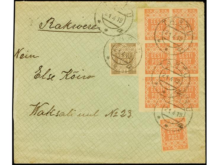 5k. as block of six and single with additional franking tied by cds. "TARTU 21 4 19" to cover to Rakwere, cover slightly shor