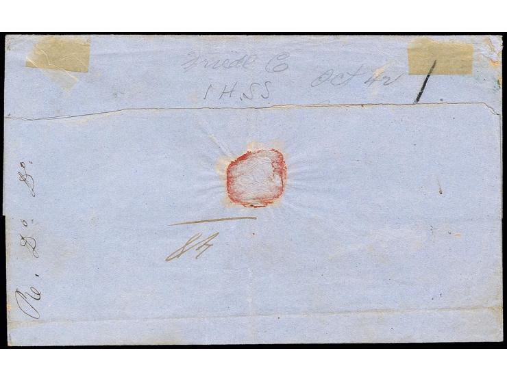 1858, Issue with watermark 20k. blue/orange-yellow tied by boxed " ТАГАНРОГ" to folded lettersheet to Odessa, horizontal fold