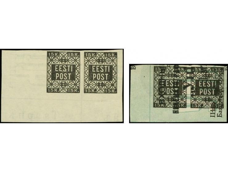 15 k. black, two horizontal pairs from the lower left sheet corner, printed on front resp. on reverse of green cinema tickets