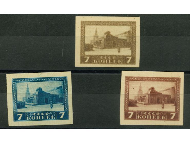 1925, 1st anniversary of Lenin's death 7 k., three proofs in blue, reddish-brown und olive-brown, all on factory paper, the l