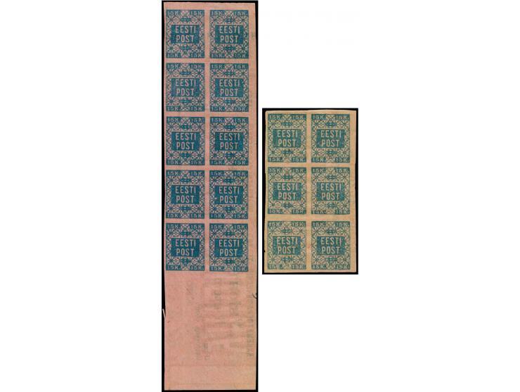 15 k. blue printed on reverse of lilac rose cnema tickets, a block of 10 on reverse of 15k. cinema ticket and a block of 6 pr