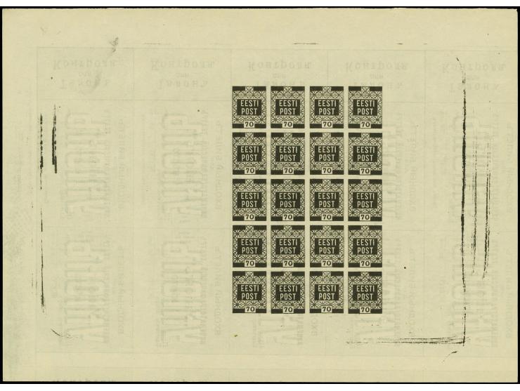 70 k. black as proof, complete block of 20, printed on reverse of a complete sheet of five 50 k. cinema cards, without gum, e