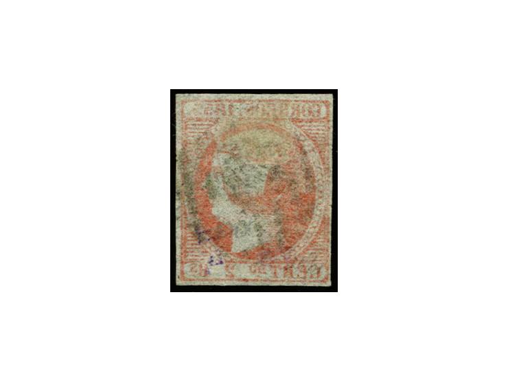 1853, Isabella 2 r. vermilion, clear to large margins and fresh colour, used, tiny pin whole, where a natural wood inclusion 