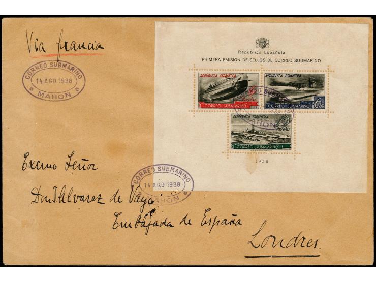 1938, Submarine post souvenir sheet tied by oval special cancel "CORREO SUMBARINO MAHON 14.AGO.1938" to cover via Barcelona t