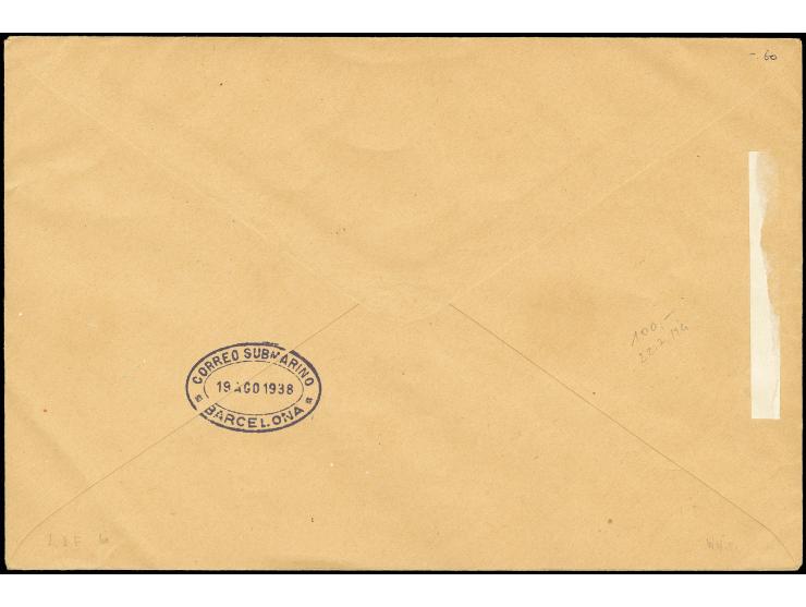 1938, Submarine post souvenir sheet tied by oval special cancel "CORREO SUMBARINO MAHON 14.AGO.1938" to cover via Barcelona t