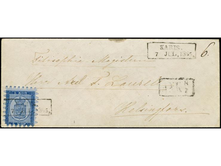 5 kopeck violet-blue, roulette II, tied by boxed "KARIS 7 JUL. 1865" to small envelope to Helsingfors with arrival mark, two 