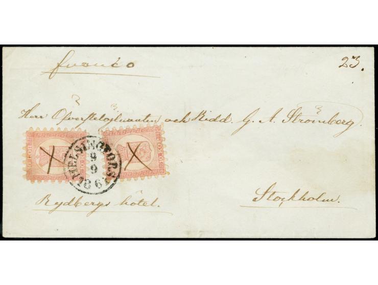 10 kopeck rose-carmine, roulette I, two singles each with pen cross and tied by cds. "HELSINGFORS 9 9 1861" to small envelope