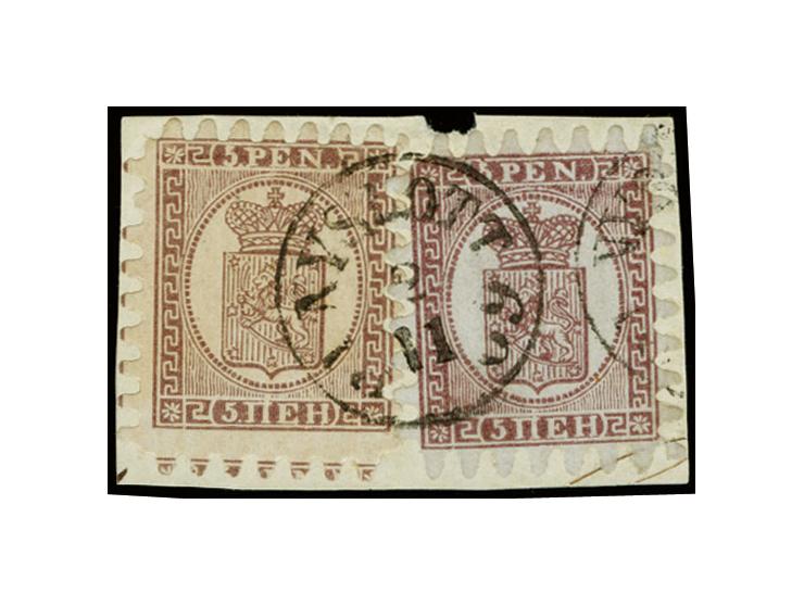 5 penni lilac brown, roulette II, in combination with 5 penni reddish-lilac, roulette III, tied by central cds. "NYSLOTT 2 11
