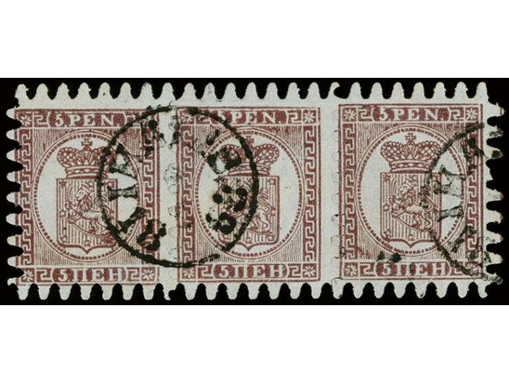 5 penni lilac-brown, roulette III, a beautiful strip of three in brilliant shade with cds. "IKALIS 8 6 18 68", one short perf