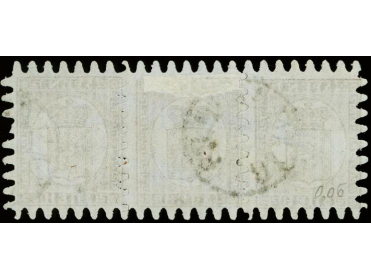 5 penni lilac-brown, roulette III, a beautiful strip of three in brilliant shade with cds. "IKALIS 8 6 18 68", one short perf