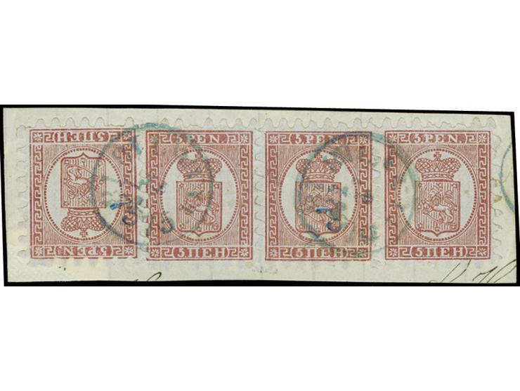 5 penni lilac-brown, roulette II, horizontal strip of three with additionally single affixed as "tête-bêche", with blue cds. 
