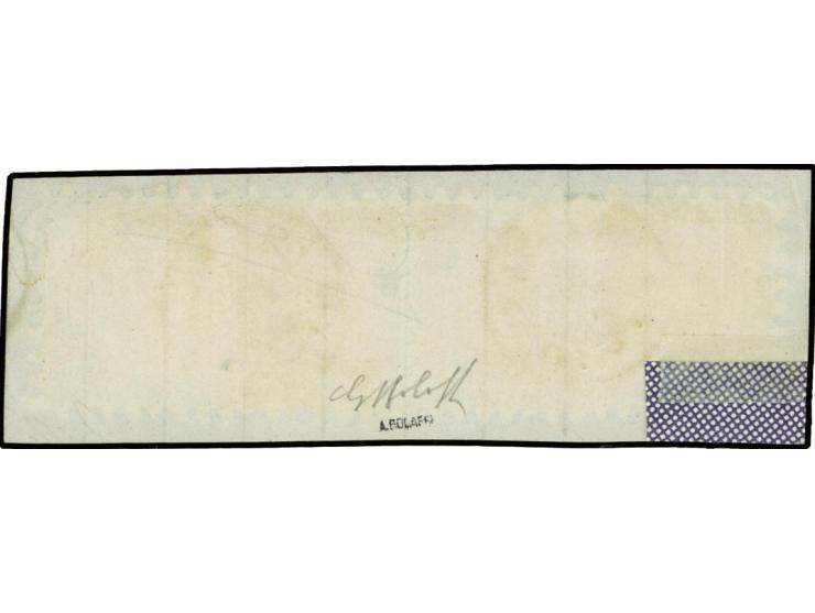 5 penni lilac-brown, roulette II, horizontal strip of three with additionally single affixed as "tête-bêche", with blue cds. 