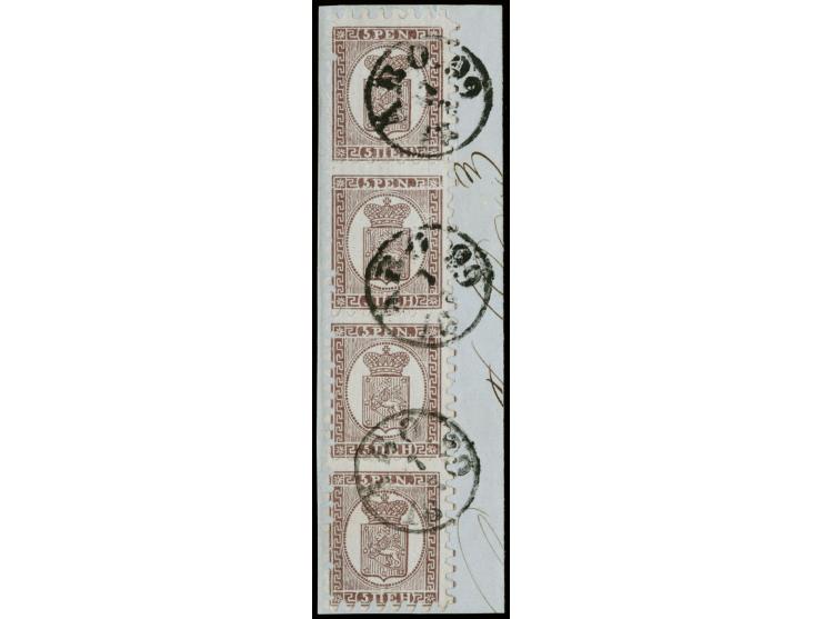 5 penni lilac-brown, roulette II, a beautiful strip of four in brilliant shade tied by cds. "ABO 17 7 1866" to small piece, a