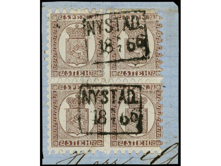 5 penni lilac-brown, roulette II, block of four in a good shade with two clear high boxed "NYSTAD. 18 7 66" on small piece, f