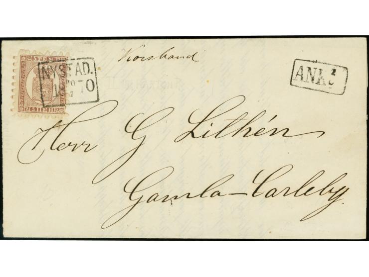 5 penni pale-lilac on thick paper, roulette II, tied by high boxed "NYSTAD. 20 7 1870" to printed matter, few shortened perfo