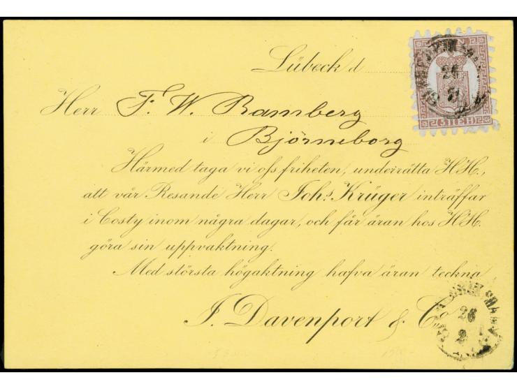 5 penni lilac-brown, roulette II, with cds. "FREDERIKSHAMN 26 2 66" with same cds. alongside on privately forwarded printed m