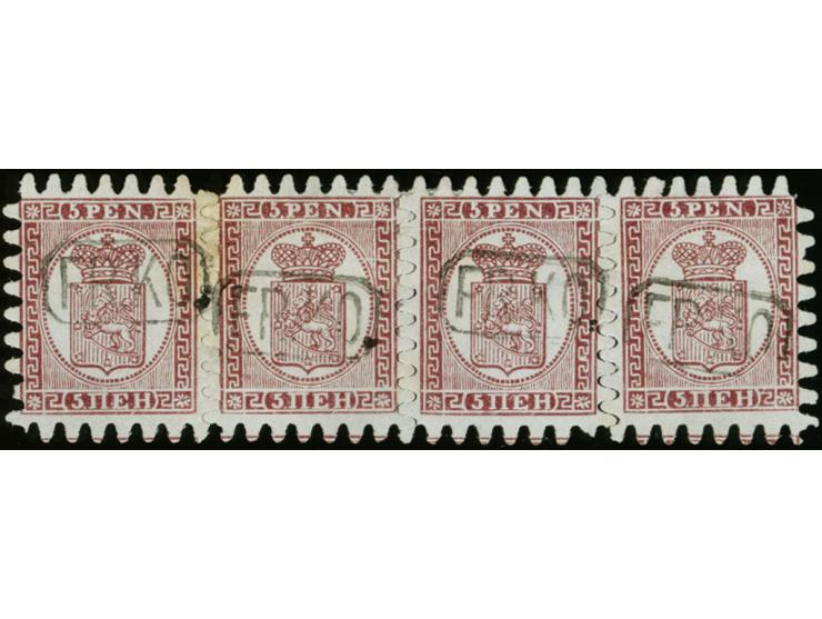 5 penni lilac-brown, roulette III, horizontal strip of four with four clear strikes of boxed "FR.KO", half perforation missin