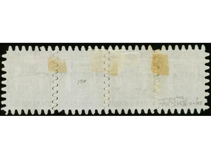 5 penni lilac-brown, roulette III, horizontal strip of four with four clear strikes of boxed "FR.KO", half perforation missin