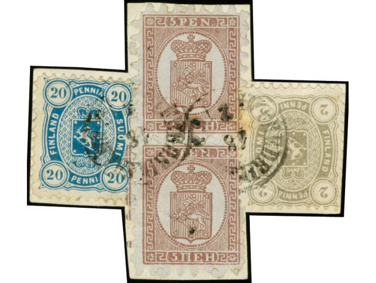 5 penni brownish lilac as vertical pair, roulette II, in combination with 1875 Lion Issue 2 penni grey and 20 penni blue, tie