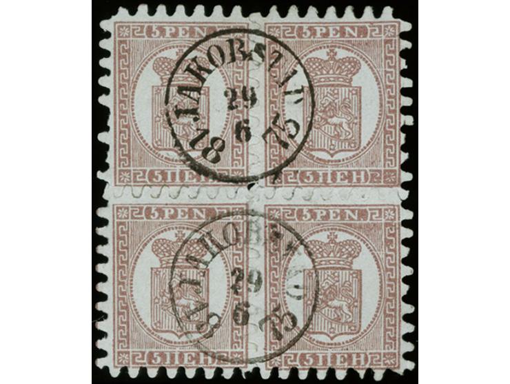 5 penni reddish lilac-brown, roulette II, beautiful block of four in a brilliant shade, neatly cancelled with two cds. "JAKOB