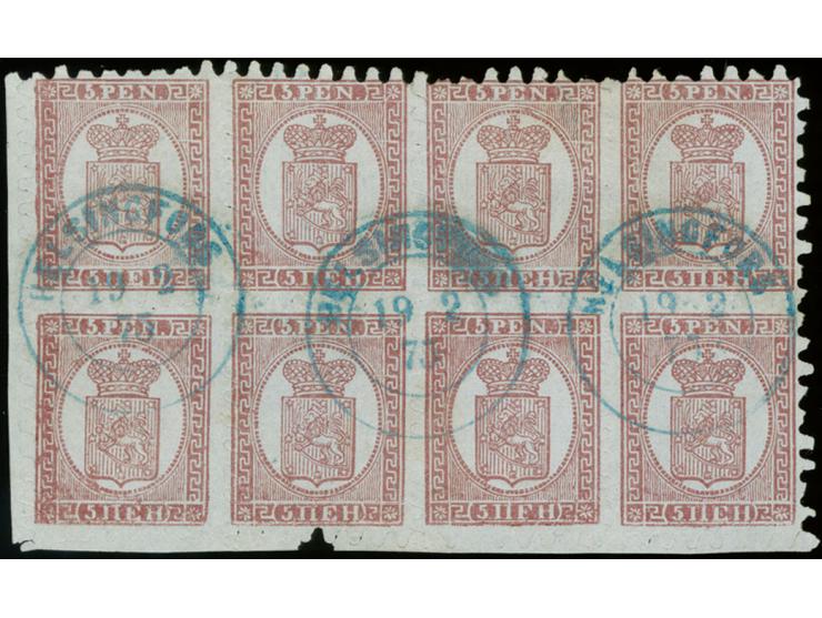 5 penni reddish lilac-brown, roulette II, magnificent block of 8 from the lower left sheet corner, used with neat blue cds. "