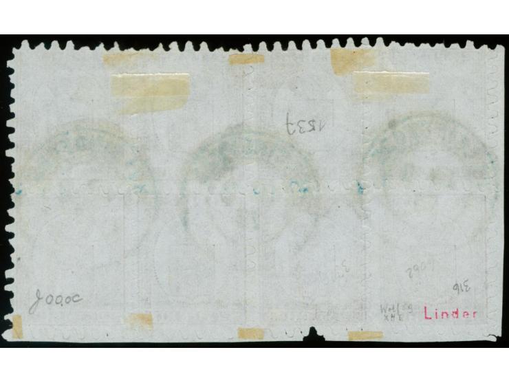5 penni reddish lilac-brown, roulette II, magnificent block of 8 from the lower left sheet corner, used with neat blue cds. "