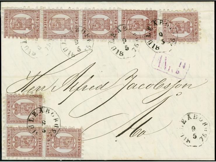 5 penni brownish lilac, roulette II, vertical strip of four and a pair plus two singles tied by clear cds. "ULEABORG 9 5 1875